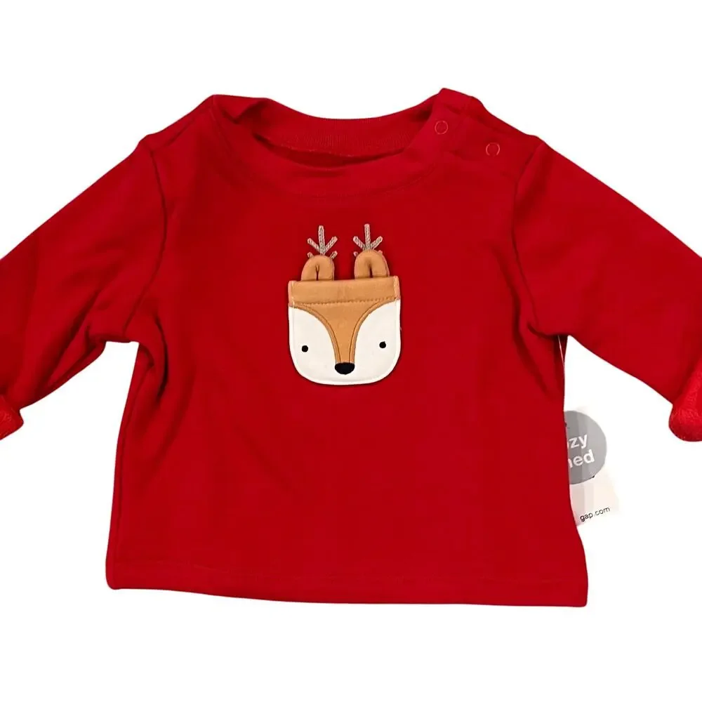 NWT GAP Baby Red W/Cozy Pocket Deer Applique Top & Red Dot Leggings - SIZE 3-6M